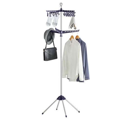 SONGMICS 2-Tier Clothes Drying Rack, 72-Inch Folding Laundry Drying Rack with 3 Rotatable Arms for Hangers, 24 Clips, Stainless Steel, for 27 Pieces of Clothes, Blue and Silver ULLR512Q01