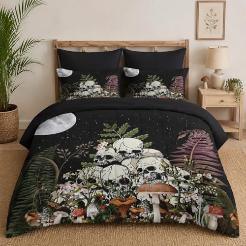 Pamnest Comforter Set King Size, Mushroom Plant 7 Pcs Bedding for Kids and Adults, Skeleton Spooky Retro Bed Sheet Sets with Fitted Sheet 2 Pillowcases & 2 Shams for Bedroom Bed Decor