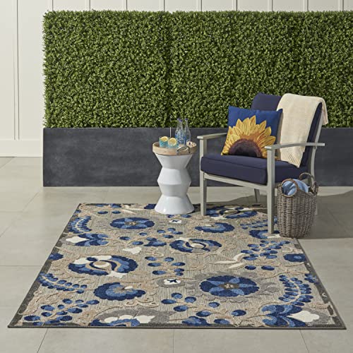 "NOURISON Aloha Indoor/Outdoor Floral Natural/Blue 5'3"" x 7'5"" Area Rug (5' x 8')"