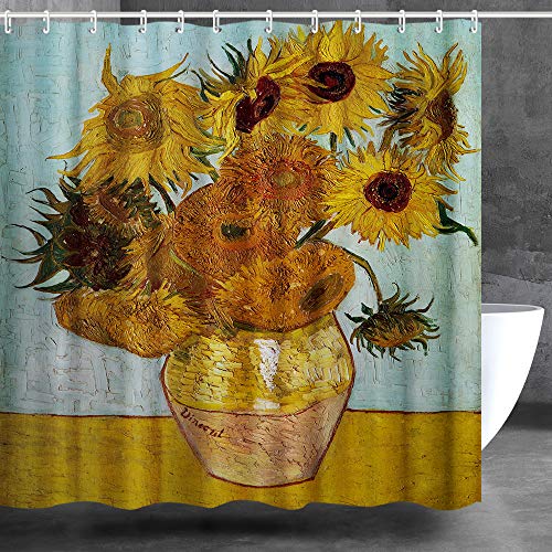 INVIN ART Bathroom Shower Curtain Set with Hooks,Still Life - Vase with Twelve Sunflowers, 1889 by Vincent Van Gogh,Home Art Paintings Pictures for Bathroom