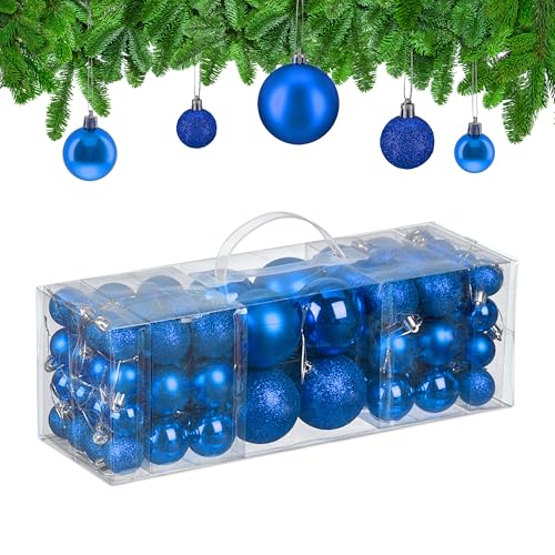 Relaxdays Christmas Baubles, Set of 76, Tree Ornaments, Holiday Decorations, Plastic, Glittery, Matte & Shiny, Blue