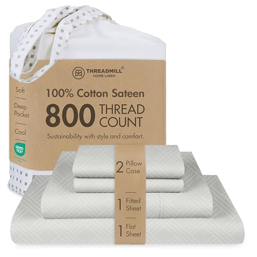 Threadmill Luxury Full Size Sheets for Full Size Mattress - 800 Thread Count Cotton sheets - Jacquard Celine Light Grey - Better Than Egyptian Cotton- 4 Pc Bed Sheets - with Elasticized Deep Pocket