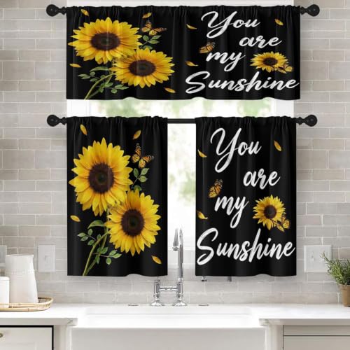 Tayney Sunflower Kitchen Curtains Summer Bees Window Curtains Valance and Tier Set 36 Inch, Watercolor Sunshine Rod Pocket Short Tier Curtain, Black Background Small Kitchen Decor