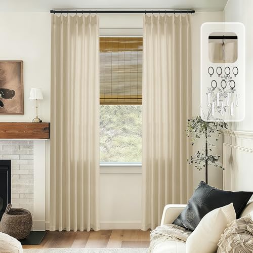 Beige Linen Pinch Pleat Curtains 84 Inches Long for Living Room Flax Burlap Pinch Pleated Drapes with Hooks Rings Back Tab Farmhouse Boho Light Filtering Semi Sheer Curtains for Dining Bedroom Office