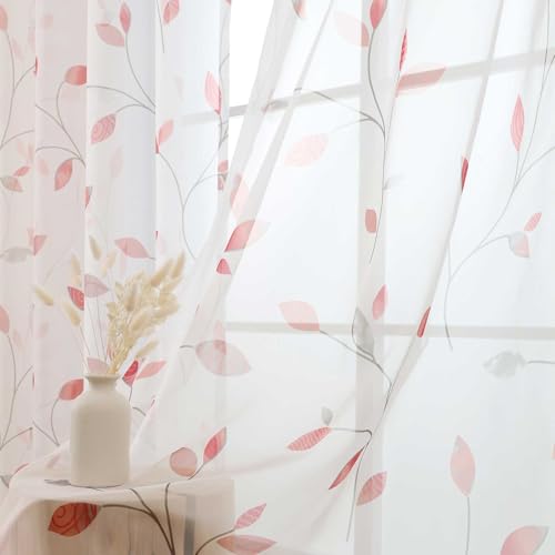 L.Z.E Leaf Sheer Curtains for Living Room 84 Inches Long, Spring Red Plant Pattern Elegant White Natural Curtains & Drapes for Bedroom Dining Room, Window Treatment Grommet Top, 2 Panels Set