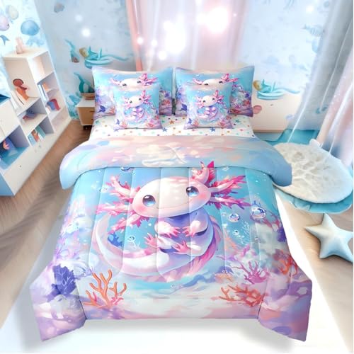 Erosebridal 7 Pieces Teen Girl Axolotl Bedding Set Full Size - Kids Cute Axolotl Comforter Set with Sheets Cartoon Ocean Sealife Bed in A Bag with Flat Fitted Sheets Kawaii Salamander Bed Sets