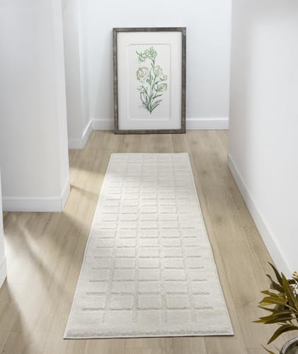 Rugs by Desire Aya Living Room Rug – Soft 12mm Cut-Shrink Pile, Non-Shedding, Jute Backing – Modern Wabi Sabi, Wave, Cubed, and Stripe inspired patterns – Indoor Area Rug, Cream, 60x220 cm