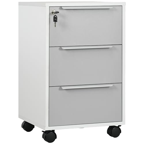 HOMCOM 3-Drawer Lockable Filing Cabinet, File Cabinet on Wheels, Mobile Office Storage Drawers for Home Office, Bedroom and Living Room, White and Grey