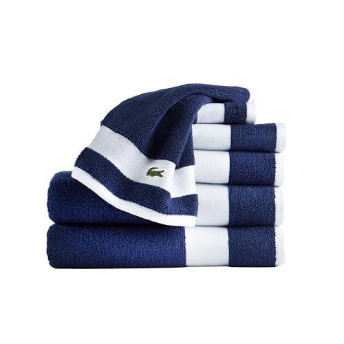 Lacoste Sport Stripe 6-Piece Luxury Cotton Towel Set – Made with 100% Soft Supima Cotton, Absorbent & Quick-Drying, Includes 2 Bath Towels, 2 Hand Towels, 2 Washcloths, Navy