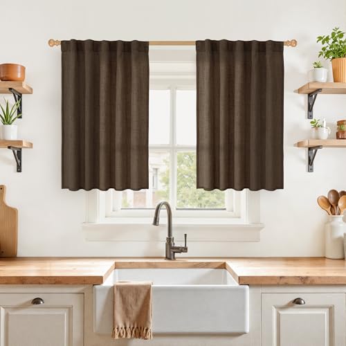 YoungsTex Brown Linen Curtains 36 Inches Long, Small Light Filtering Drapes with Rod Pocket Back Tab Textured for Bathroom Kitchen Window, 2 Panels, 42 X 36 Inch