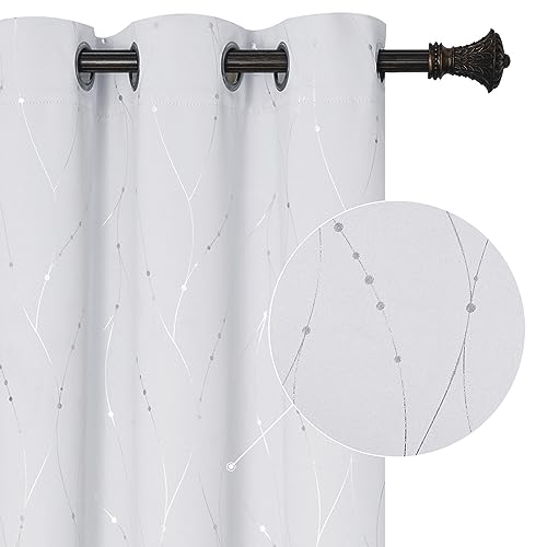 BUHUA Blackout Curtains for Bedroom 2 Panels Set, Grommet Thermal Insulated Room Darkening Window Curtains & Drapes with Wave Line and Dots Printed for Living Room, 52W x 84L Inch, Greyish White