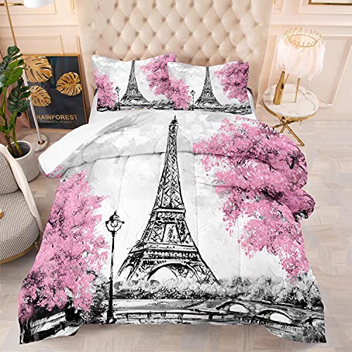 kxry Pink Paris Comforter Set Queen Size Eiffel Tower Flower French Style Bedding Sets for Girls Women Kids Quilted Duvet 1 Comforter + 2 Pillow Cases