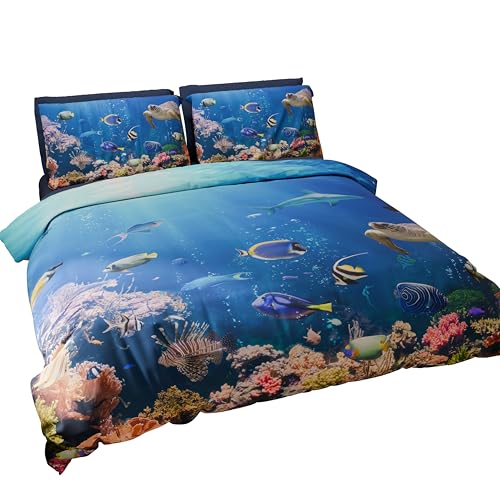 PETTI Artigiani Italiani - Double Duvet Cover Set 200 x 200 cm (2 Pillowcases 75 x 50 cm Included), Microfibre Duvet Cover Set with Digital Aquarium Print - Made in Italy