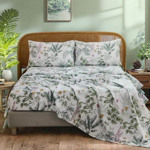 "Cozaline 100% Cotton Sheet Set King Size ??? 4-Piece Vintage Sage Green Floral Bedding Set, Soft Breathable Percale Weave, Deep Pocket Fitted Sheet 17.5"", Crisp Cool Feel, Refined Botanical Elegance"
