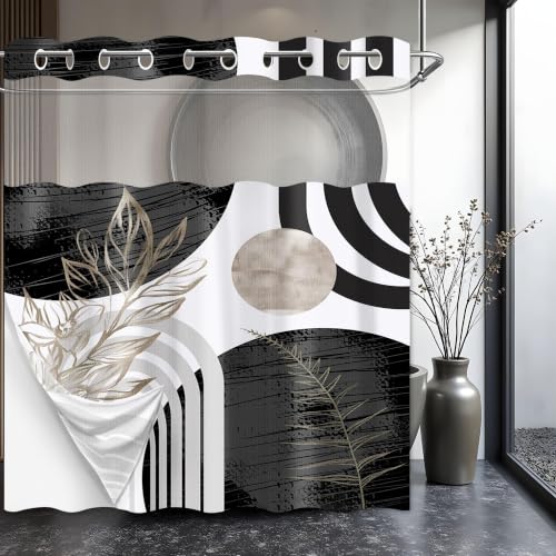 "Boho Mid Century Modern Hookless Shower Curtain with Snap in Liner, Black and White Cool Grey Abstract No Hook Double Layer Shower Curtain and Liner Set, Waterproof Cloth Fabric, 71"" W X 77"" L"
