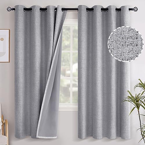YoungsTex Grey Linen Blackout Curtains 72 Inches Length for Bedroom, Grommet Heat and Full Light Blocking Insulated Textured Window Drapes for Living Room, 2 Panels, 52 X 72 Inch