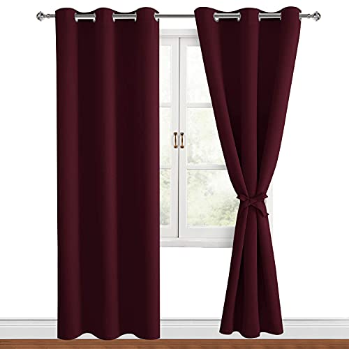 Hiasan Blackout Curtains for Bedroom, 38 x 84 Inches Long - Thermal Insulated & Light Blocking Window Curtains for Living Room Christmas Decor, 2 Drape Panels Sewn with Tiebacks, Burgundy