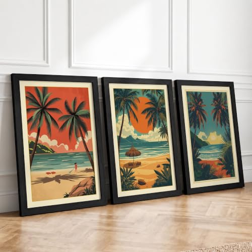 Tropical Paradise Escape Vintage Set of 3 Framed Wall Art Prints A3