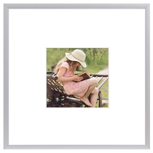 Frametory, 8x8 Aluminum Picture Frame - 8 x 8 Silver Frame with Removable Mat for 4 x 4 Photo - 8 by 8 Durable Metal Frame with Real Glass - Sawtooth Hanger for Easy Wall Display - 1 Pack