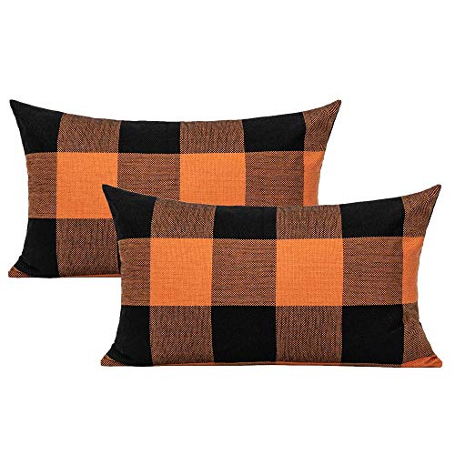 VAKADO 12x20 Inch Set of 2 Buffalo Plaids Decorative Throw Pillow Cases Farmhouse Fall Retro Checkers Lumbar Rectangle Cushion Covers Home Decor for Sofa Couch, Orange and Black