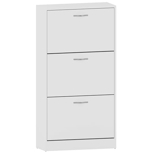 Vida Designs Shoe Cabinet, Wooden Shoe Storage Unit with 3 Pull-Down Drawers, Multifunctional Dust-Proof Space-Saving Slim Cupboard for Hallway or Entryway (White)