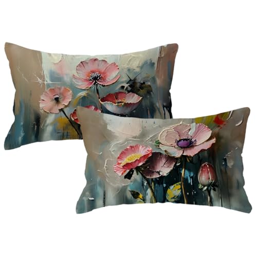 2Pack Flowers Decorative Pillow Covers Modern Pink Poppy Design Cushion Covers Oil Painting Pretty Floral Lumbar Pillowcases 12 x 20 Inch Farmhouse Spring Summer Decorations (Pink)