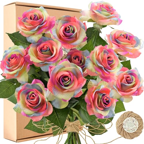 FiveSeasonStuff Fake Roses Wedding Flowers Real Touch Silk Rainbow Artificial Flowers 12 Stems