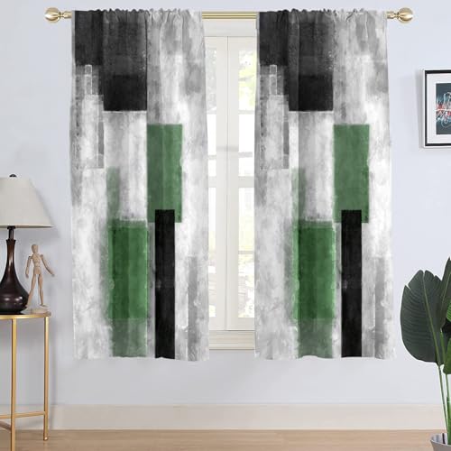 "AAtter Green and Black Window Curtains, Abstract, 42"" W x 63"" L, 2 Panels - White with Grey Rod Pocket Bedroom Drapes, Geometric Plaid Checkered, Modern Ombre Style, Cool Trendy Design for Men"