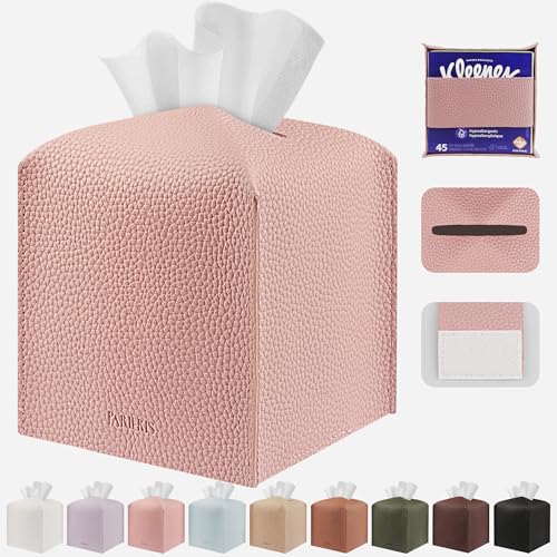 PARIERIS Tissue Box Cover Holder Square Tissue Cube Cover PU Leather Tissue Organizer with Bottom Belt for Bathroom, Tabletop, Car, Night Stands, Office, Home, Kitchen (1, PrettyPink)