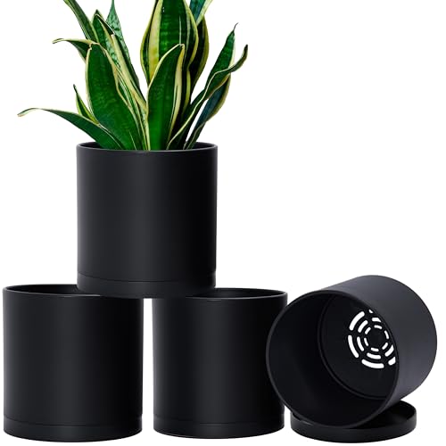 D'vine Dev 4-Pack Black Plastic Planters with Saucers, 6.5 in, 74-Y-L-2 - Lightweight Durable Build, Matte Finish, Cylindrical Shape, Efficient Drainage, Detachable Saucer, Minimalist Modern Style