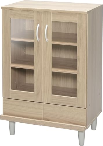 Iris Ohyama, Glass Cabinet/SideBoard with Drawers and Shelves/Wooden Cabinet/Cabinet with Doors, Adjustable Shelf Height 3.2 cm, Kitchen, Living Room - Cabinet - KPB-9360 - Light Brown