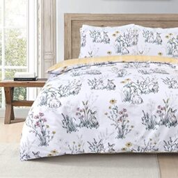 Sleepdown Rabbit Meadow Floral White Ochre Plaid Check Reversible Duvet Cover Quilt Pillow Cases Bedding Set Soft Easy Care - Super King (220cm x 260cm)