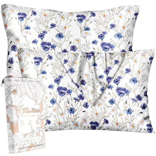 "Miss Adola Silk Pillowcase 2 Pack - Pillow Cases 20"" x 36"" King Size Set of 2 for Hair and Skin Smooth Soft Breathable with Hidden Zipper Cooling Pillow Covers for Sleeping, Blue Daisy"