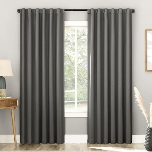 "Sun Zero Belize 2-Pack Magnetic Closure Pleated Look Theater Grade 100% Blackout Back Tab Curtain Panel Pair, 52"" x 63"", Gray"