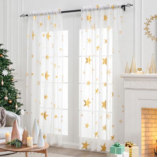L.Z.E Gold and White Sheer Curtains 96 Inches Long 2 Panels Set for Living Room Nursery, Linen Textured Kids Curtain with Cute Gold Star,Light Filtering Dual Rod Pocket Curtains & Drapes
