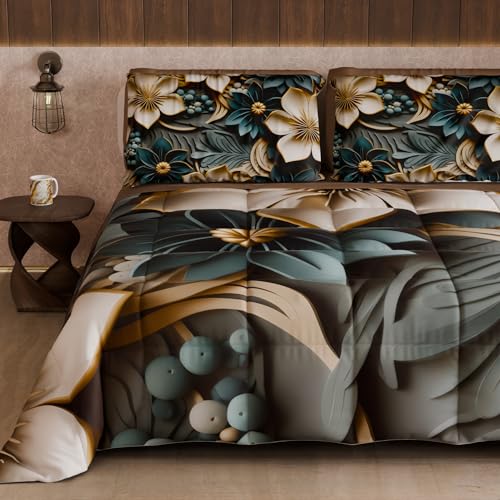 PETTI Artigiani Italiani - Winter Quilt, Winter Duvet, Double Sided Quilt, Solid Colour and Digital Floral Print 05 8, 100% Microfibre, Made in Italy
