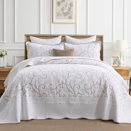 "FineStichery 100% Cotton Oversized Bedspread Quilt Coverlet Set, 128""x120"" - Extra Large Cal King Bedspreads with Pillow Shams, Lightweight Embroidered Bedding Cover, 3 Piece, White/Beige"