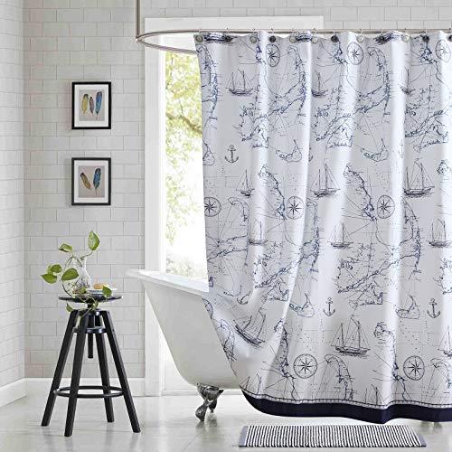 "BESTRIPES Long Stall Shower Curtain 54x78, Navy Nautical Anchor Sailboat Fabric Shower Curtains for Bathroom, Beach Ocean Themed Small Bathroom Curtains, 54"" W x 78"" H"