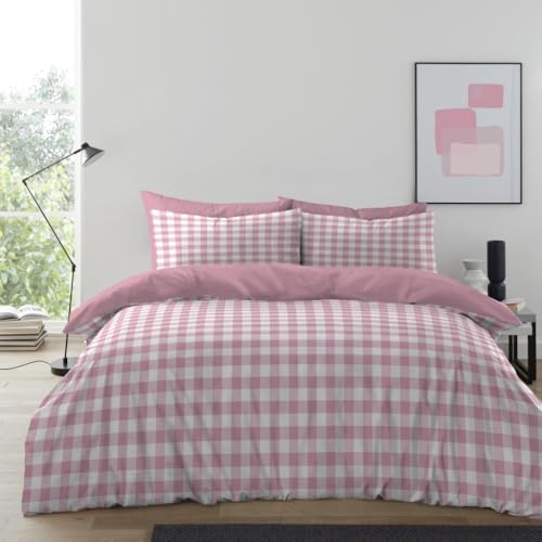 GC GAVENO CAVAILIA Gingham Check Double Duvet Set - Microfiber Tartan Check Bedding Double Bed Set With Pillow Cases - Hypoallergenic & Machine Washable Reversible Quilt Covers Bed Set, Blush Pink