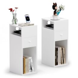 VOUNOT® Slim Bedside Table Set of 2, Narrow Wood Bedside Cabinet with Drawer and Open Shelf, Small Bedside Unit, Thin Nightstand for Bedroom, Living Room, White
