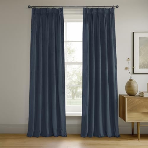 HPD Half Price Drapes Velvet Blackout Curtains/Drapes - 84 Inches Long 1 Panel Blackout Curtain Signature Pleated for Living Room & Bedroom - 25W X 84L, Midnight Blue