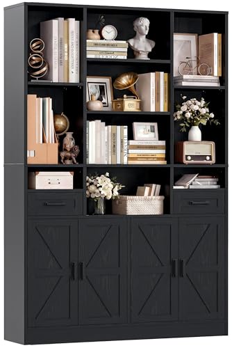 IRONCK Bookcase Bookshelf with Doors & Drawers 190cm Tall Living Room Bookcases,10 Multi-Size Open Compartments, Free Standing Display Shelf, Shelving Storage Unit for Home Office 108×30×190cm, Black