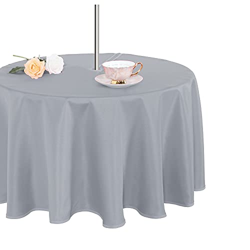 Fitable Outdoor and Indoor Tablecloth, Silver Grey, 60 Inches Round - Washable Waterproof Wrinkle Free Table Cover, Zipper and Umbrella Hole, For Spring Summer Party Picnic Camping Patio