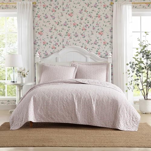 Laura Ashley - Full/Queen Quilt Set, Breathable Premium Cotton Bedding with Matching Sham(s), Super Soft Floral Bedding Essentials (Marta Stripe Pink, Full/Queen)
