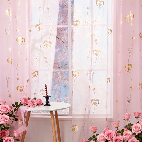youleyar Valentine's Day Sheer Curtains, Love Heart Gold Foil Print Voile Sheer Curtains 2 Panels, Rod Pocket Window Treatment for Bedroom and Home Decor (Pink,52 W x 72 L)