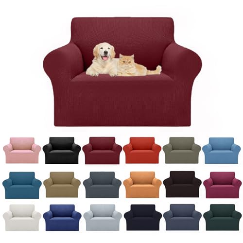Cupuamon 2026 New Stretch Chair Sofa Slipcovers Couch Cover for 1 Seater Furniture Protector Sofa Covers with Elastic Bottom Jacquard Fabric Small Checks for Pets, Kids - Dark Red