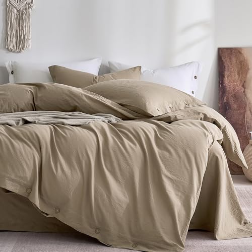 "JELLYMONI 100% Washed Cotton Duvet Cover Full ??? Soft, Breathable Linen-Look Bedding with Natural Wrinkle Texture, Button Closure, 3-Piece Set (Dusty Khaki, 80""x90"")"
