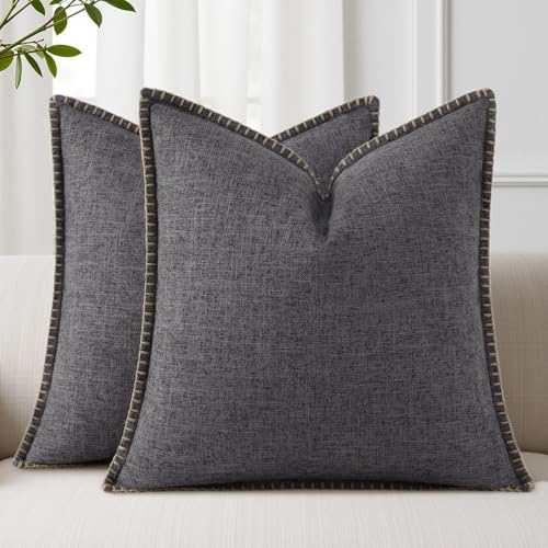 decorUhome Decorative Outdoor Throw Pillow Covers 22x22 Set of 2, Square Linen Farmhouse Euro Pillow Covers with Stitched Edge, Rustic Neutral Pillow Covers for Couch, Sofa, Living Room, Dark Grey