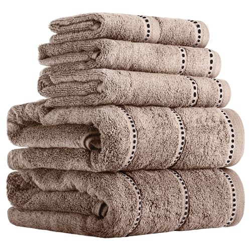 "Lavish Home Luxury Cotton Towel Set- Quick Dry, Zero Twist and Soft 6 Piece Set With 2 Bath Towels, 2 Hand Towels and 2 Washcloths (Taupe/Black), 12"" x 12"""