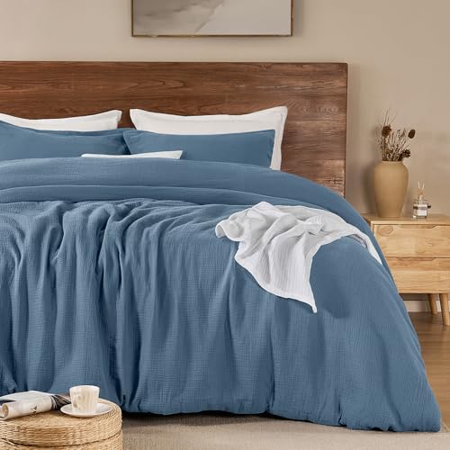 "PHF Cotton Muslin Comforter Set Queen Size, Ultra Soft, Breathable & Lightweight All-Season, Filling: 100% Polyester, 3 Pieces with 1 Comforter 90""x90"" and 2 Pillow Shams 20""x26"", Captain's Blue"